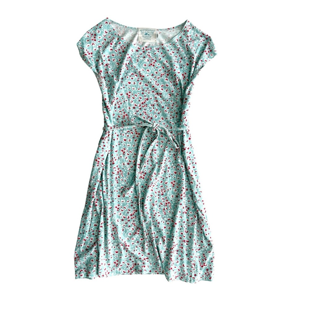 Blue Platypus Belted Shirt Dress Womens Large Cotton Summer Feminine Micro Flora
